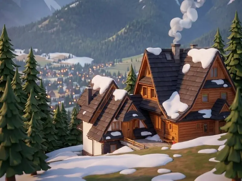 A wooden house in the mountains at dusk