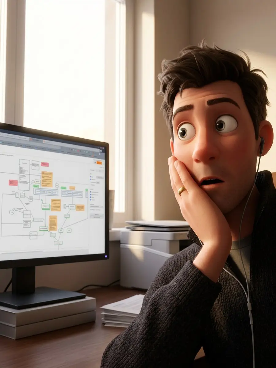 Domantas at his desk, staring at a tangle of charts before Finlo existed